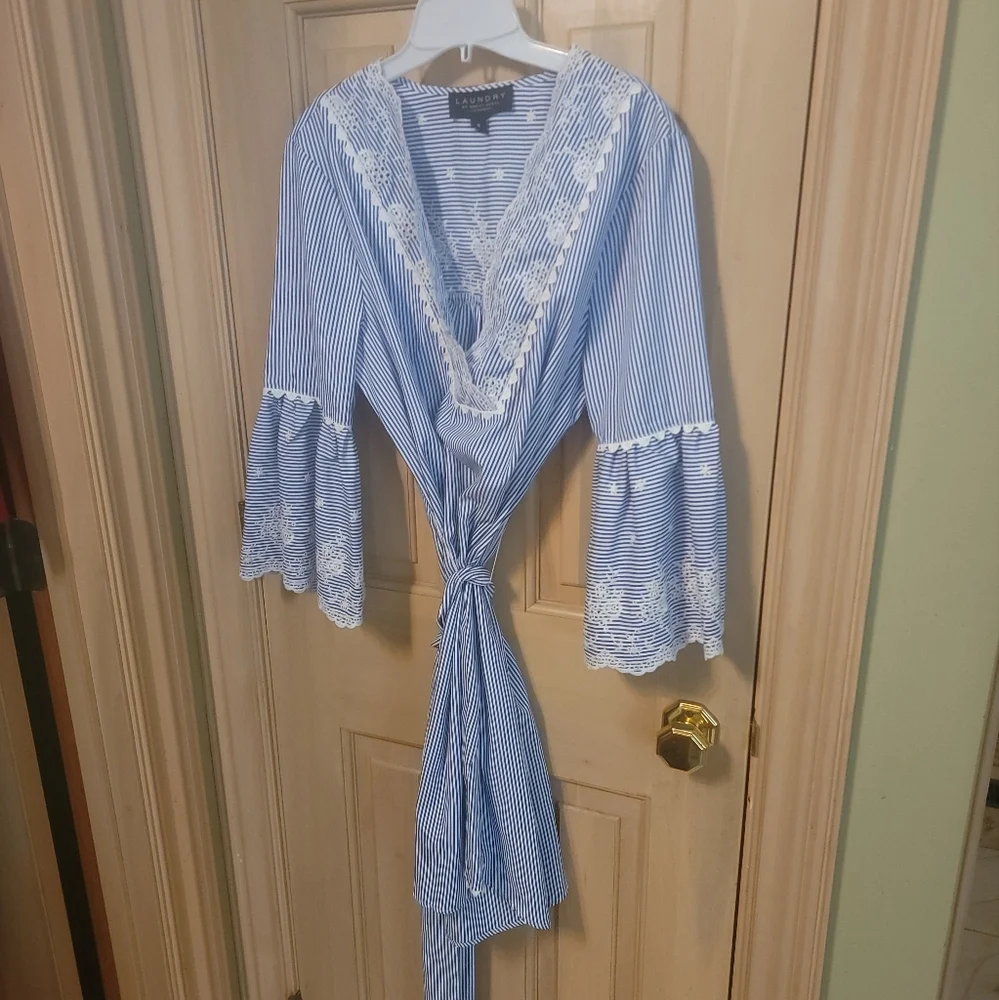 Misses sz M Laundry by Shelli Segal Blue white embroidered Dress Tie Belt - Picture 10 of 10
